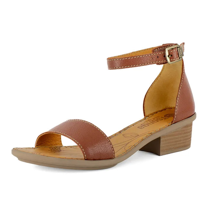 Brown sandal with a block heel on a white background