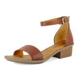 Brown sandal with a block heel on a white background