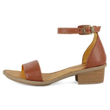 Brown sandal with a block heel on a white background