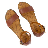 Pair of brown sandals with 'Tsonga' branding on a white background