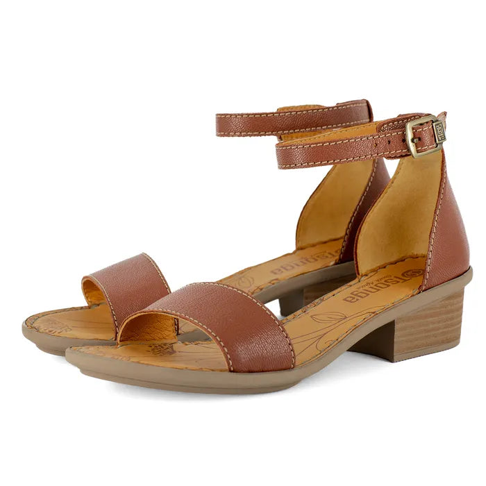 Pair of brown sandals with a block heel on a white background