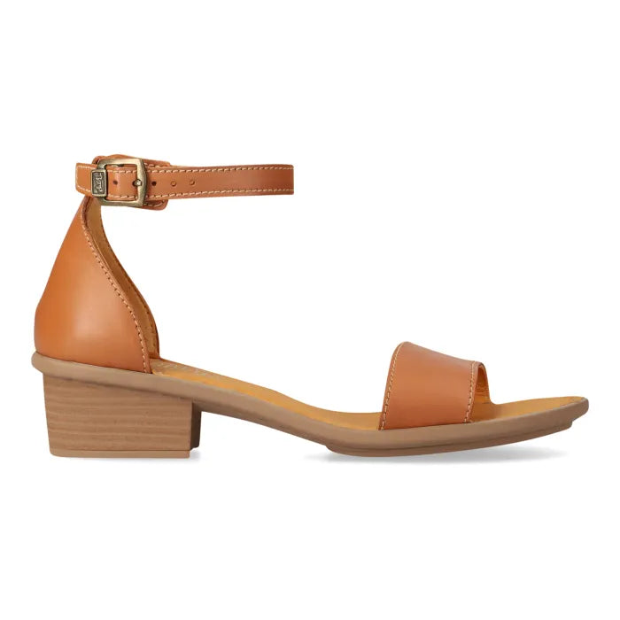 A tan leather block-heel sandal with an ankle strap and a single toe strap, shown in a side profile on a white background.