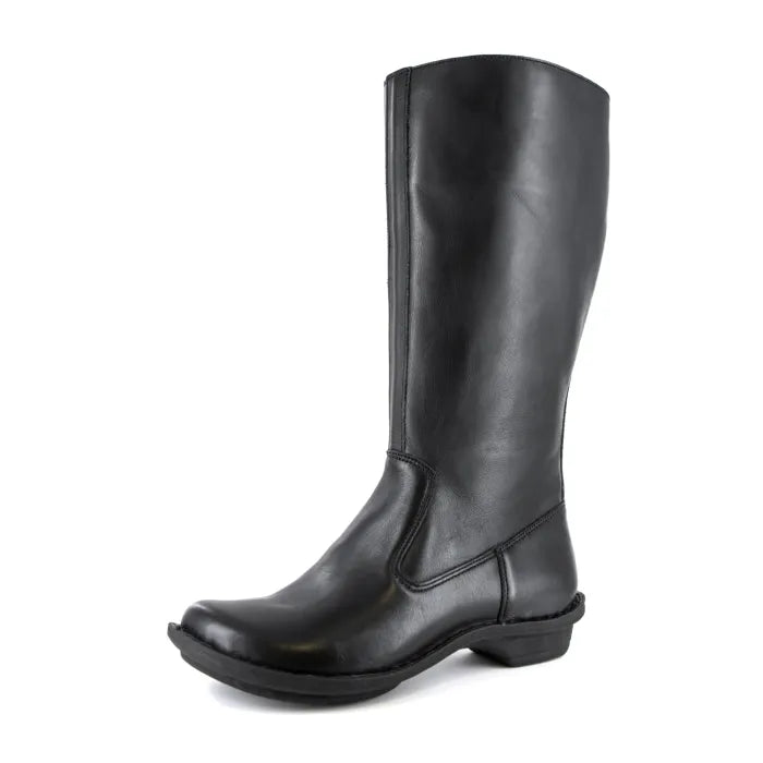 Women’s black leather calf-high boots.