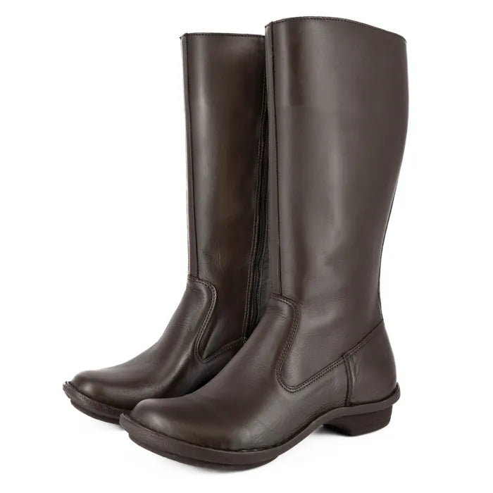 Women’s brown leather calf-high boots.
