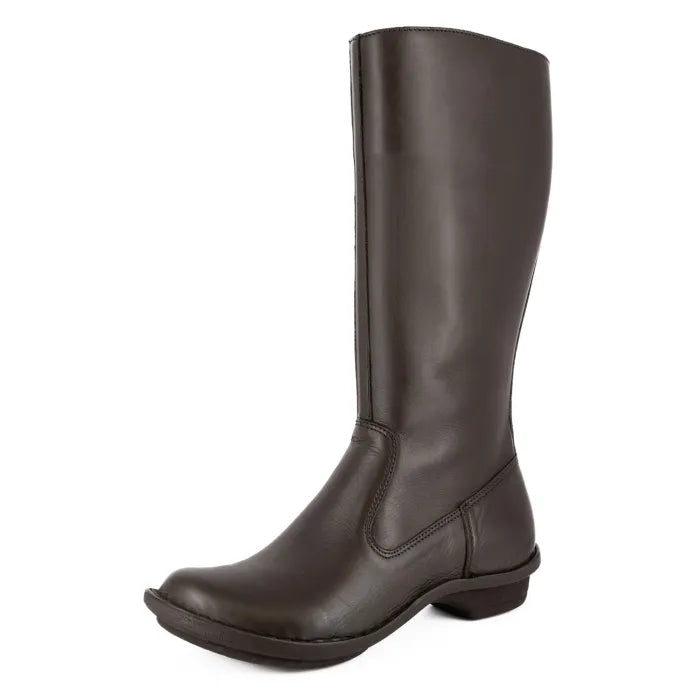 Women’s brown leather calf-high boots.