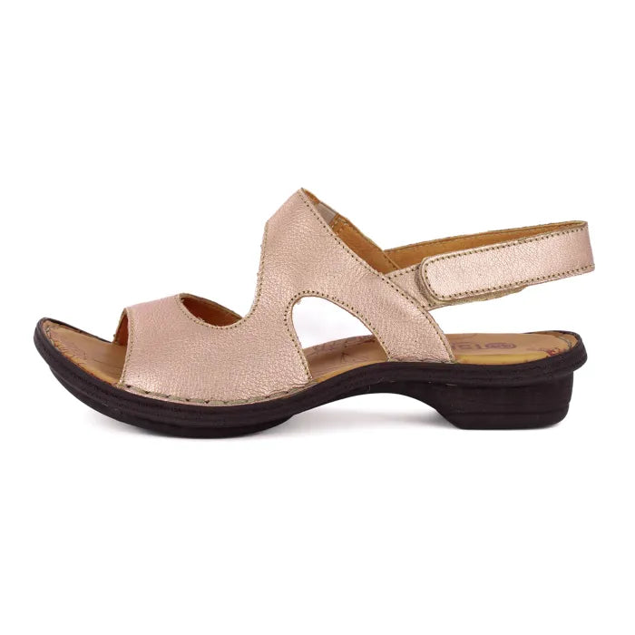Women’s rose gold metallic low heel slingback sandals.