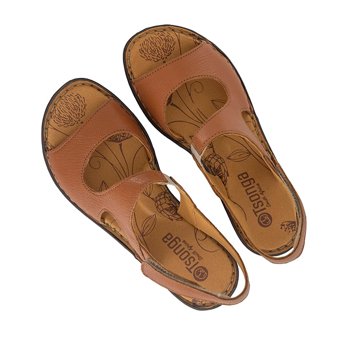 Pair of brown sandals with 'Tsonga' branding on a white background