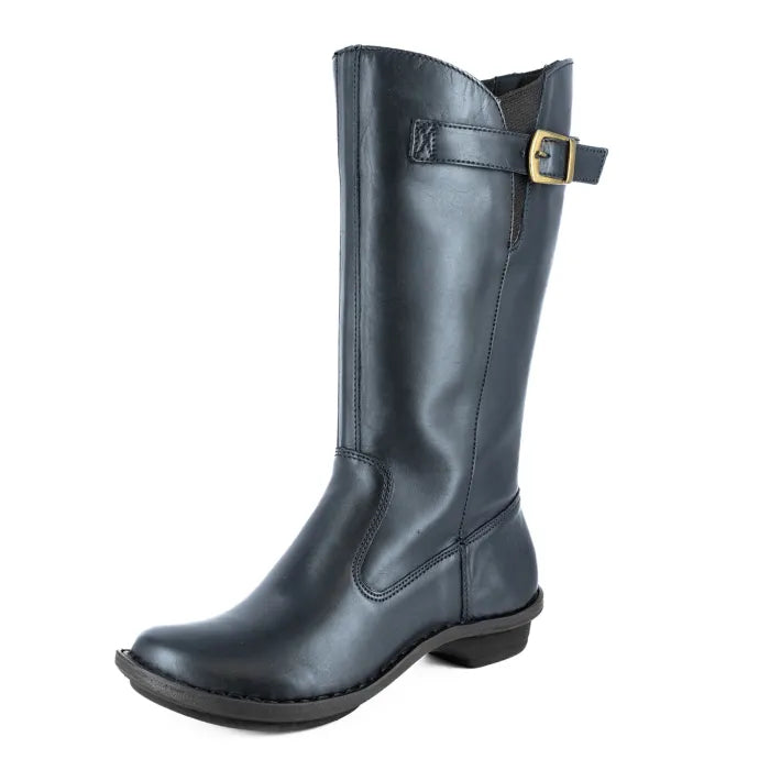 Women’s navy leather knee-high boots with buckle detail.