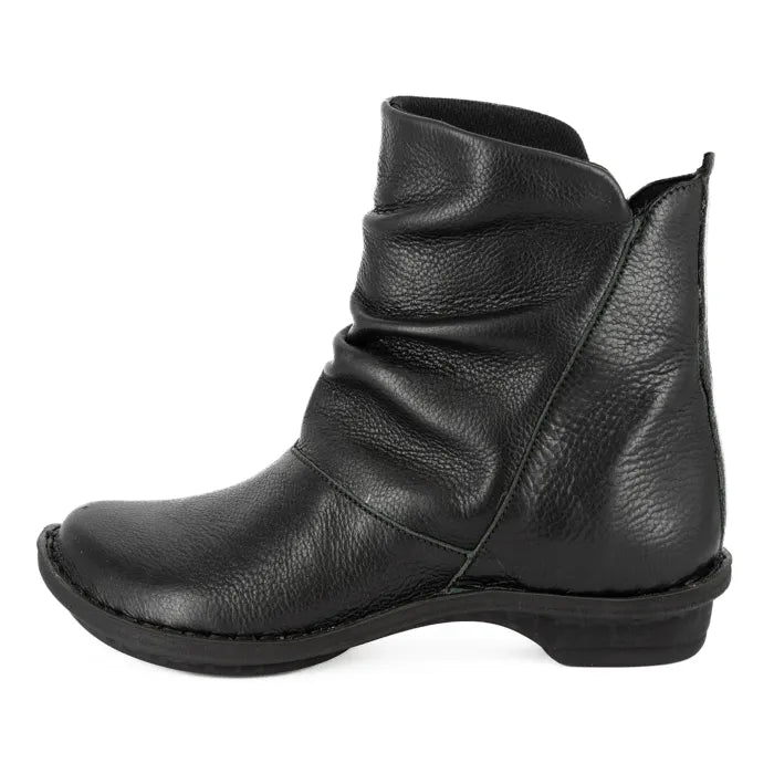 Women’s black ruched leather ankle boots.