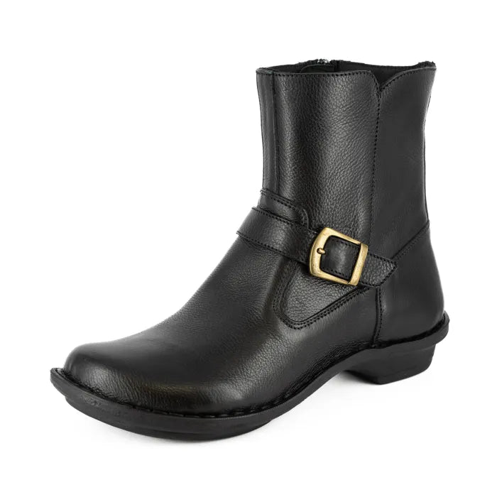 Women’s black leather ankle boots with buckle detail.