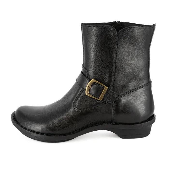 Women’s black leather ankle boots with buckle detail.