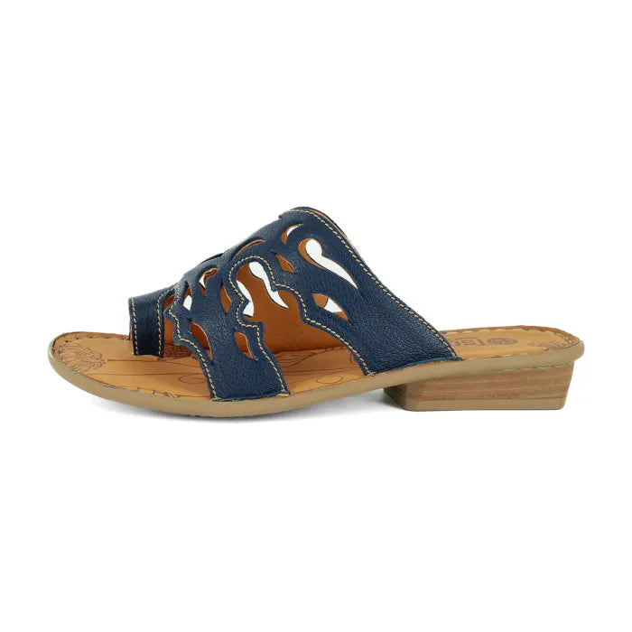 Blue sandal with block sole on a white background