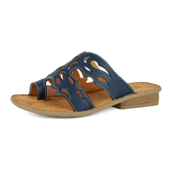 Blue sandal with cut-out design on a white background