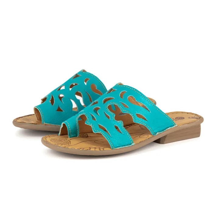 Pair of turquoise sandals with block soles on a white background
