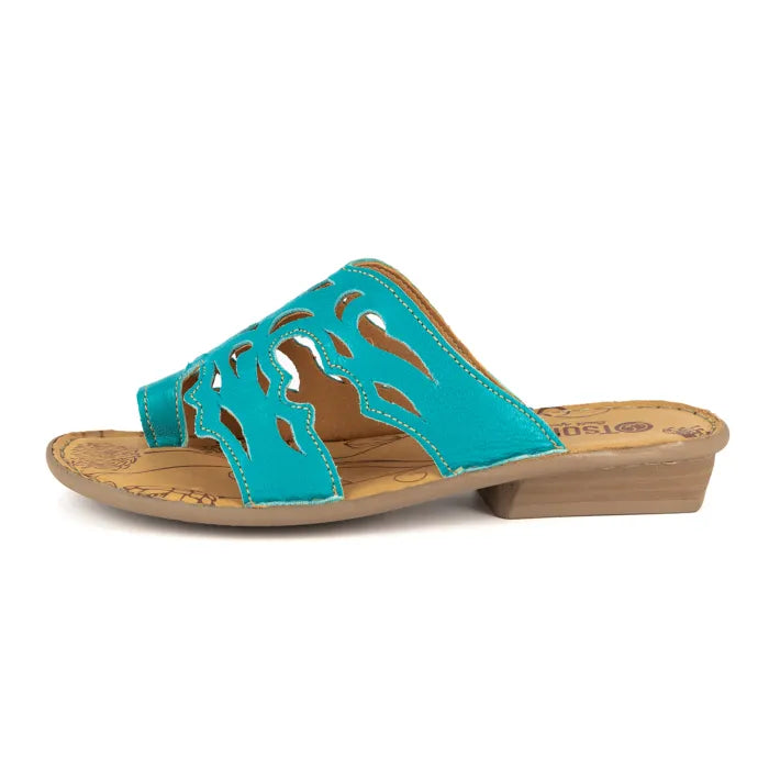 Turquoise sandal with block sole on a white background