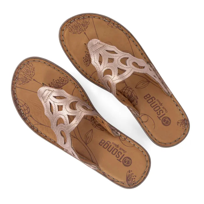 Women’s cut-out leather thong sandals with low heel.