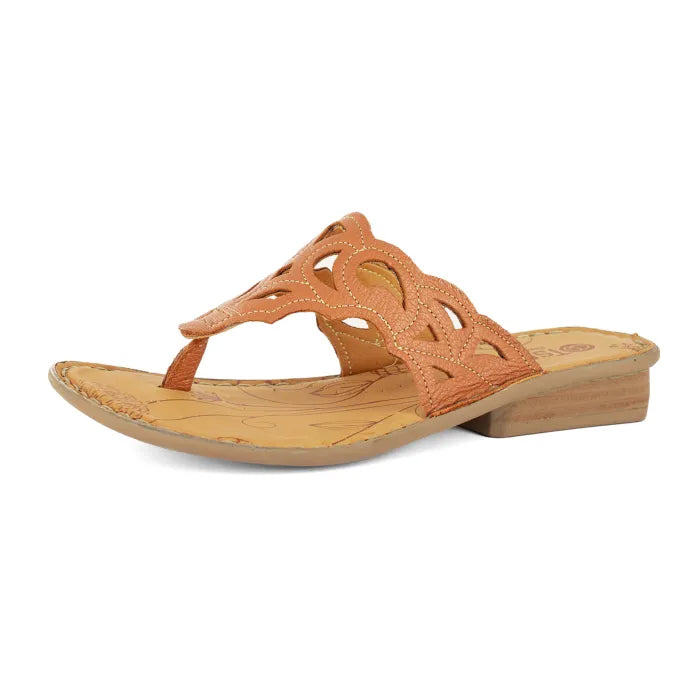 Women’s cut-out leather thong sandals with low heel.
