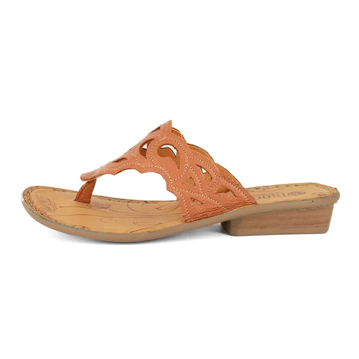 Women’s cut-out leather thong sandals with low heel.