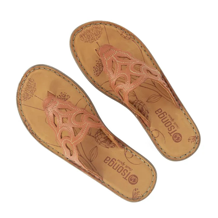 Women’s cut-out leather thong sandals with low heel.