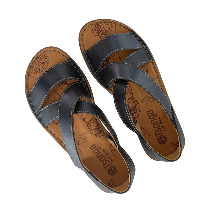 Pair of sandals with brown soles and black straps on a white background