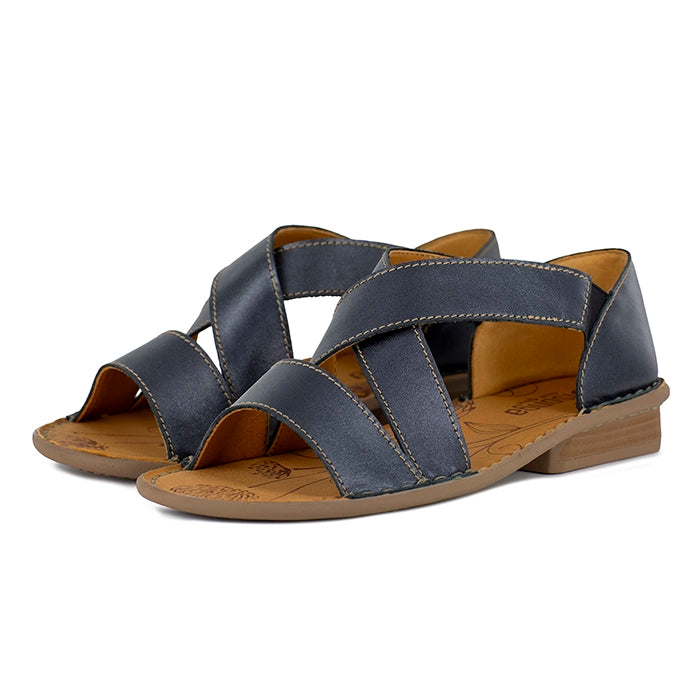 Pair of black sandals with beige soles on a white background