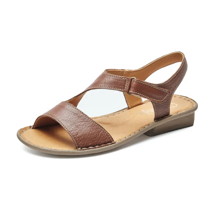 A single brown leather flat sandal with crisscross straps and a low block heel, shown from a side angle on a white background.