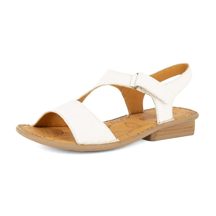 Women’s white leather slingback sandals with low heel.