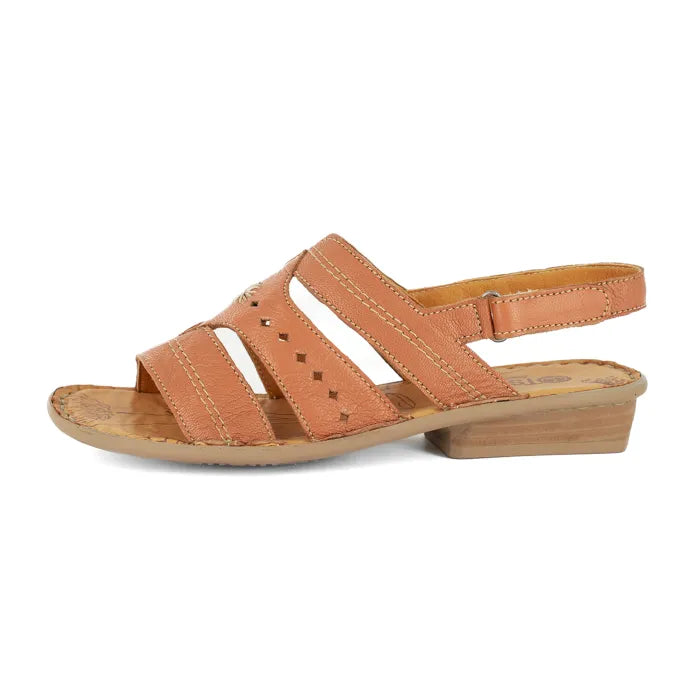Tan sandal with a block sole on a white background