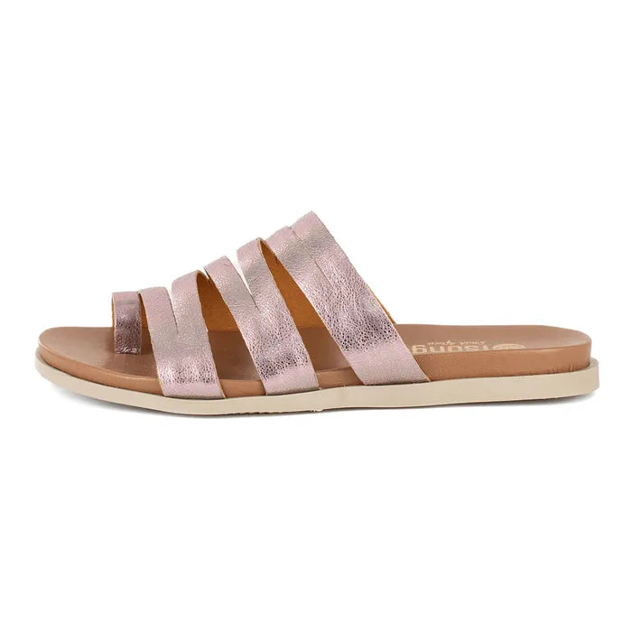 Pink sandal with multiple straps on a white background