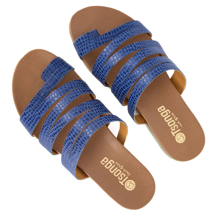 Blue sandals with brown soles on a white background