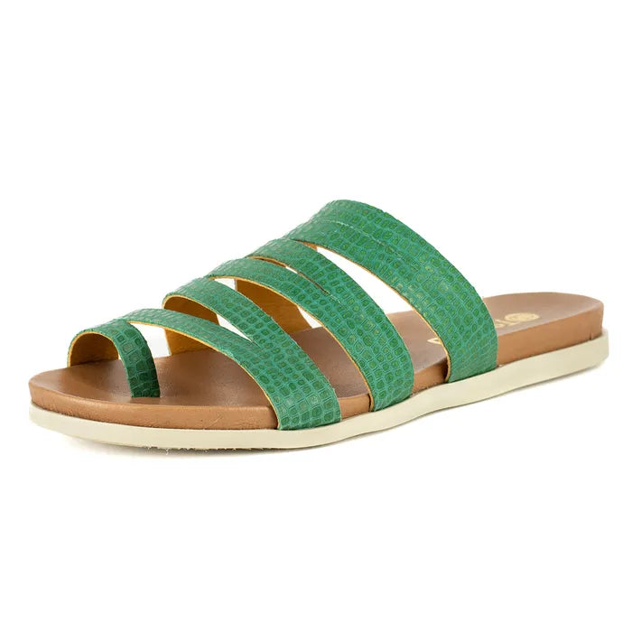 Green sandal with brown sole on a white background