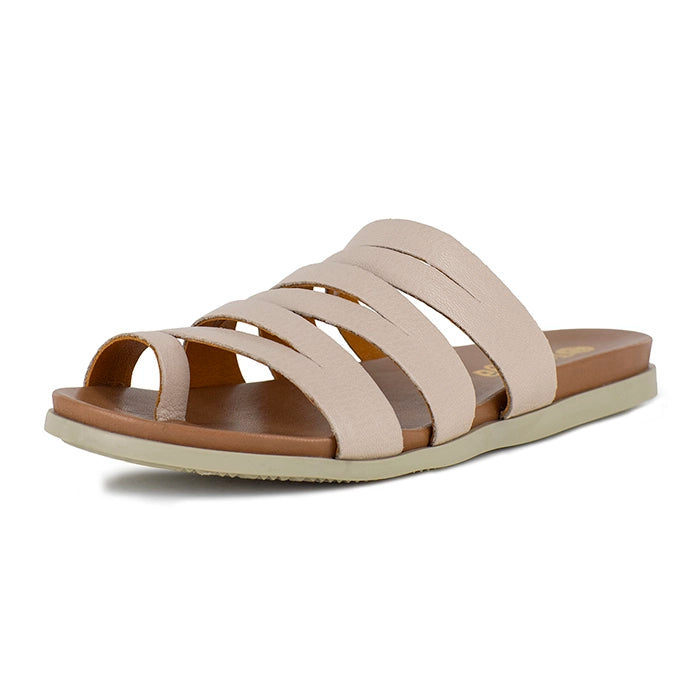 Beige sandal with off white sole on a white background
