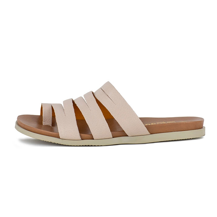 Beige sandal with multiple straps on a white background