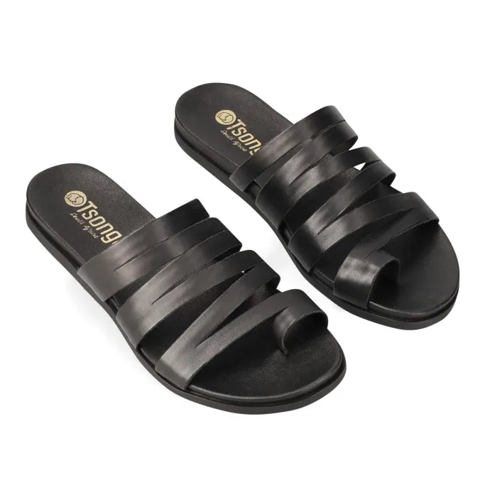 Pair of sandals with black straps on a white background