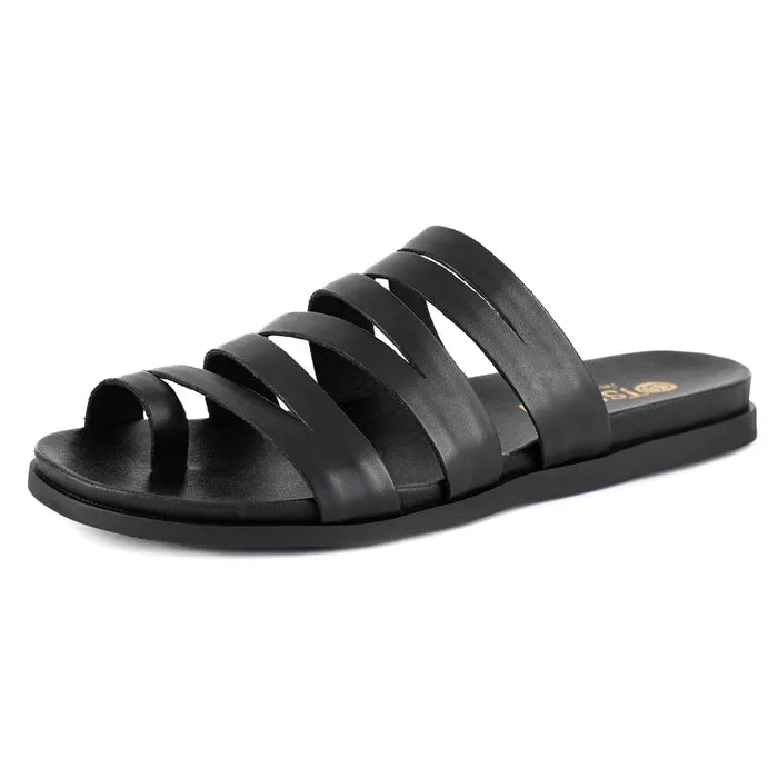 Black sandal with multiple straps on a white background