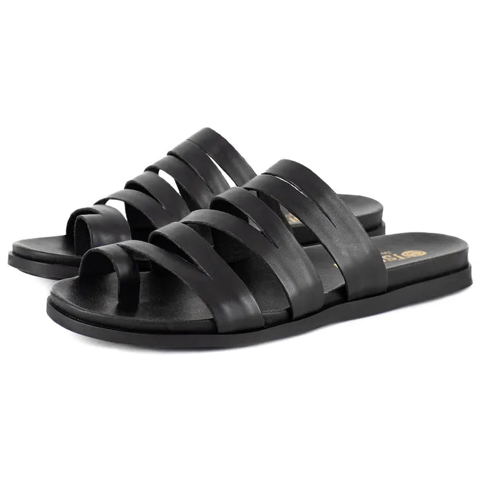Black leather sandals on a white background