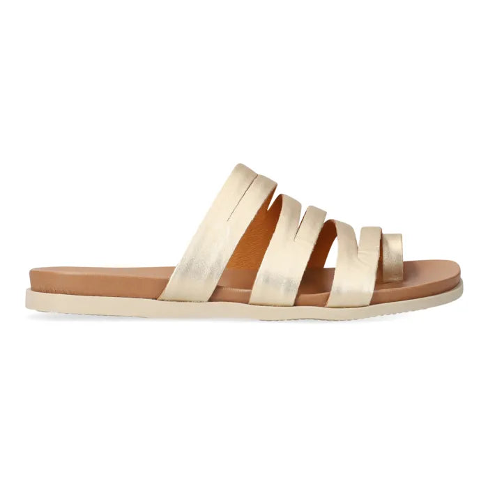 A single metallic champagne-gold slide sandal with multiple wide straps and a tan footbed, shown in profile against a plain white background.