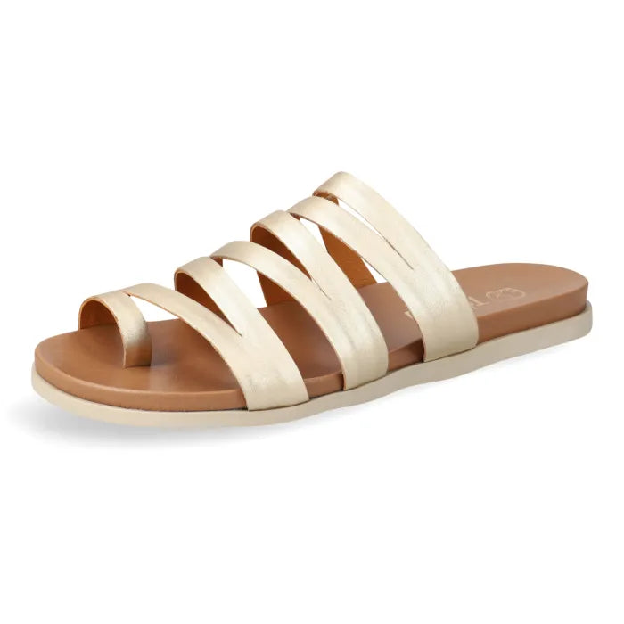 A single metallic champagne-gold slide sandal with multiple wide straps and a tan footbed, shown in profile against a plain white background.