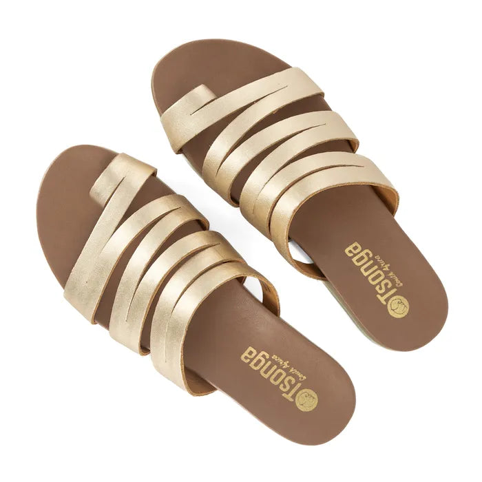 Pair of brown sandals with multiple straps on a white background