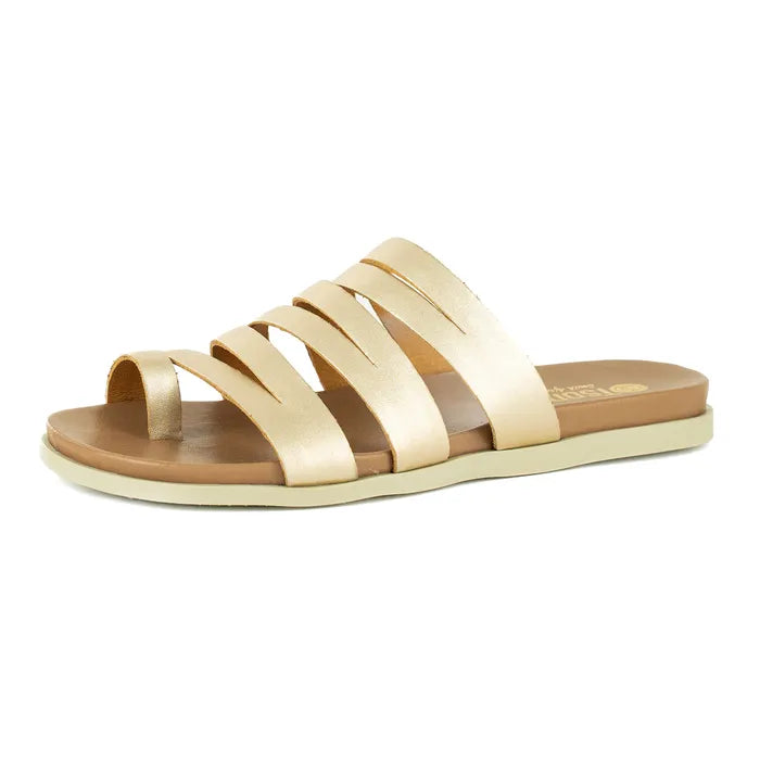 Beige sandal with multiple straps on a white background