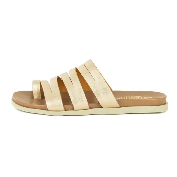 Beige sandal with multiple straps on a white background