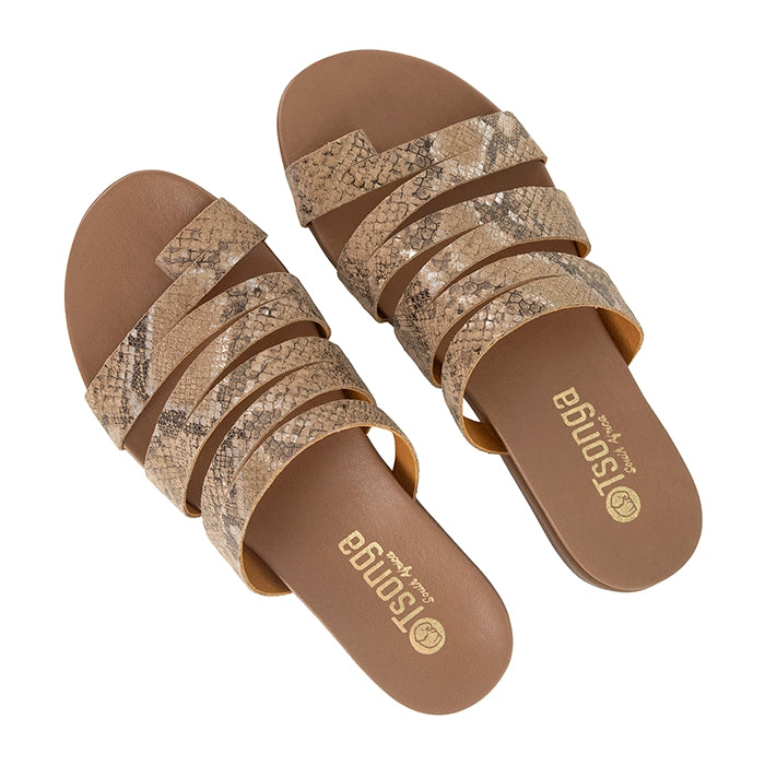 Pair of snake print sandals on a white background