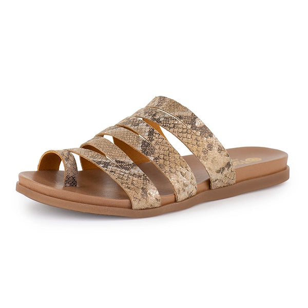 Beige sandal with snake print straps on a white background