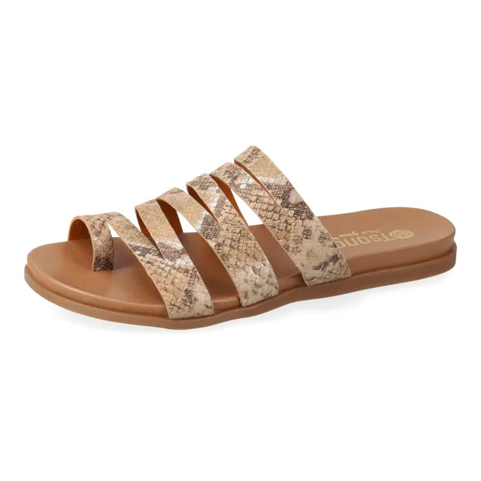 Pair of sandals with snake print straps on a white background