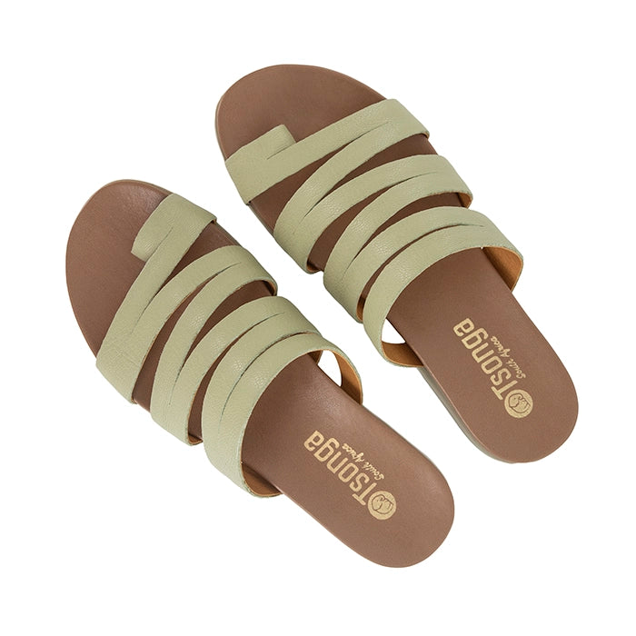 Pair of sandals with light green straps on a white background