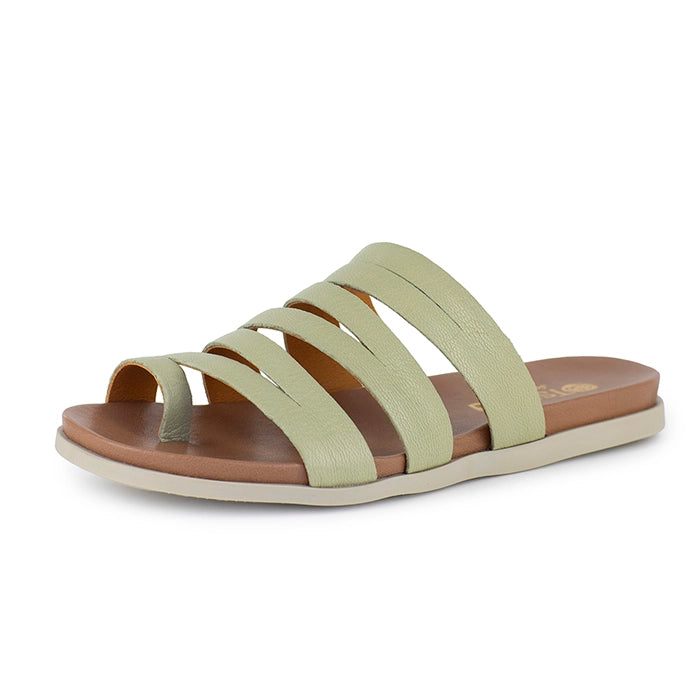 Light green sandal with off white sole on a white background