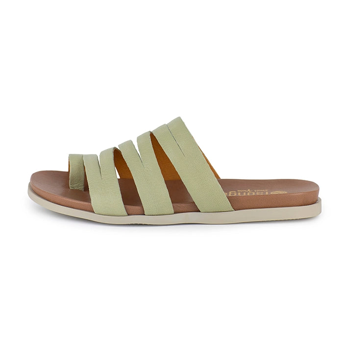 Light green sandal with multiple straps on a white background
