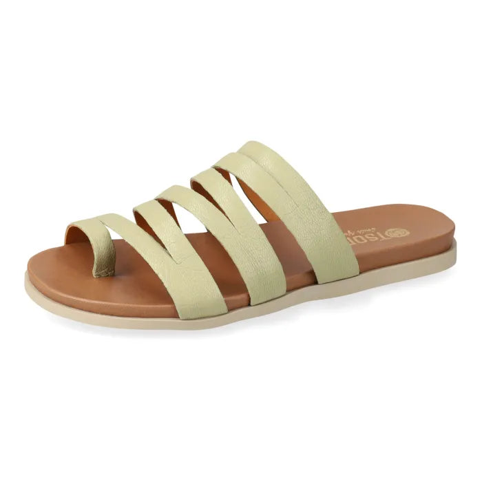 Pair of sandals with light green straps on a white background