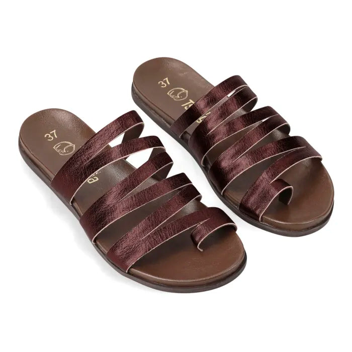 A pair of women's strappy slide sandals in a deep burgundy-brown leather, featuring multiple horizontal straps and a low-profile flat sole, shown on a white background.