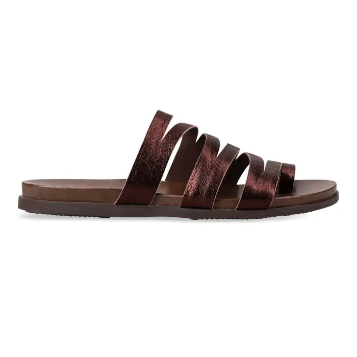 A single dark brown strappy slide sandal with a metallic, textured finish on the upper straps, shown in a side profile view against a plain white background.